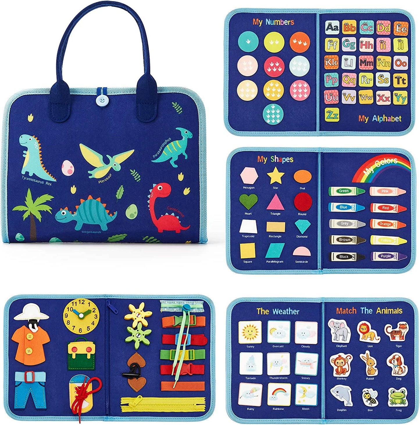 Livre d'éveil Montessori avec manipulations boutons, lacets et scratch