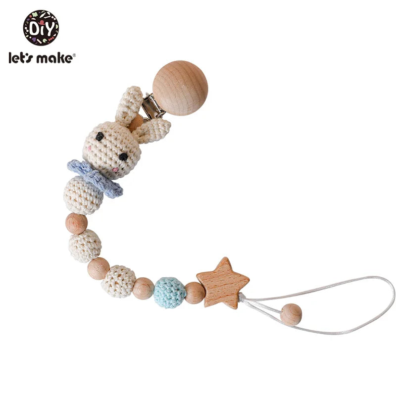 Attache sucette en crochet et bois mignonne pour bébé - sans  BPA, facile à laver, modÚle lapin bleu