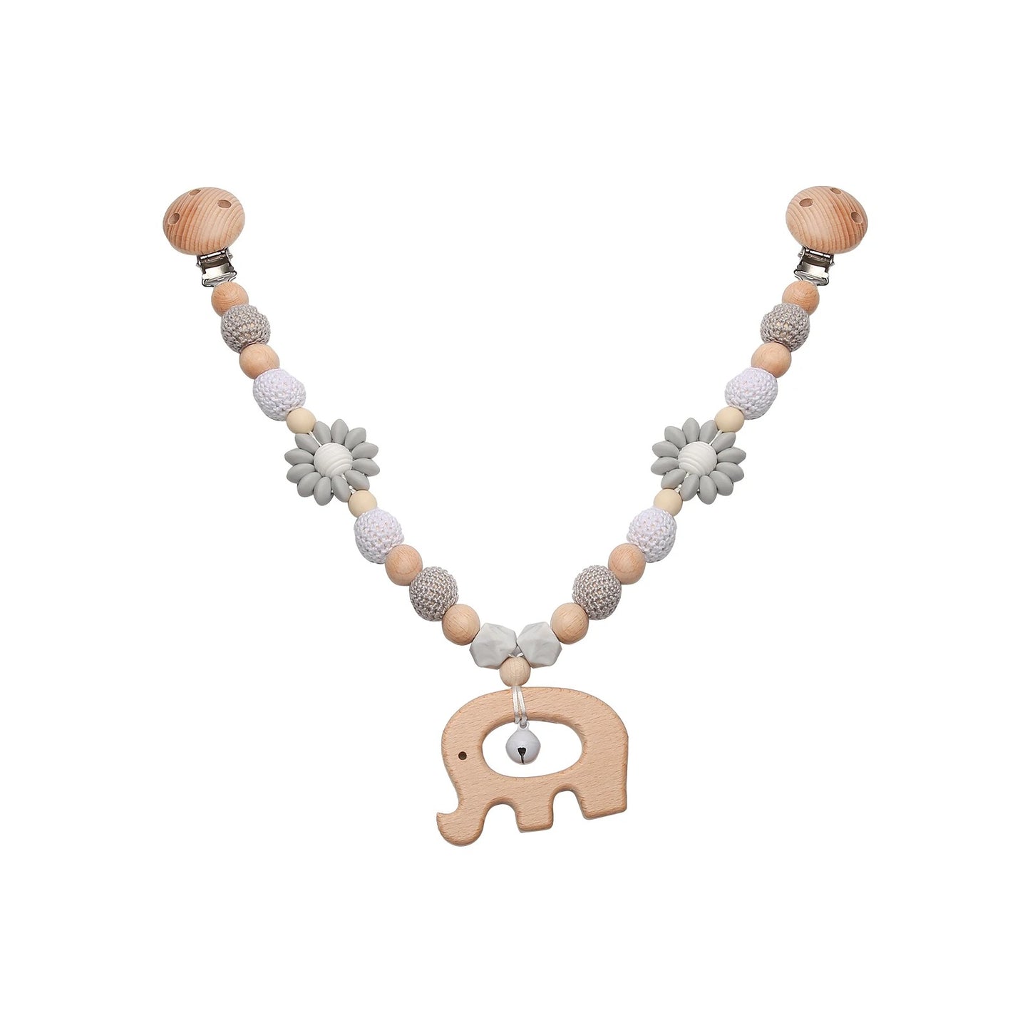Chaine suspendue de poussette pour bébé. Jouet d'éveil. Thème éléphant bois