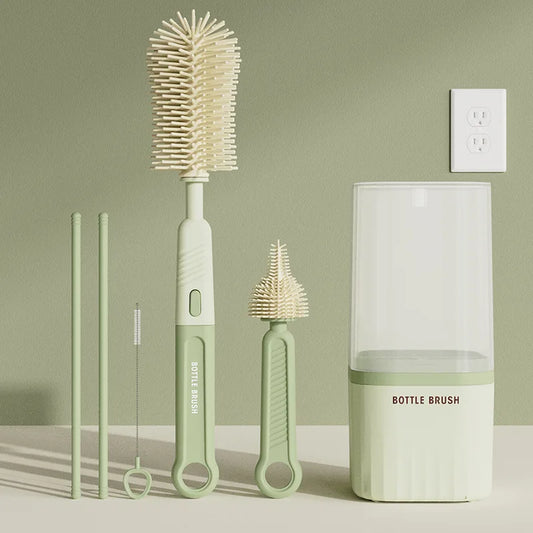 Kit d'entretien multifonction pour biberons - brosse et égouttoir en silicone de couleur vert
