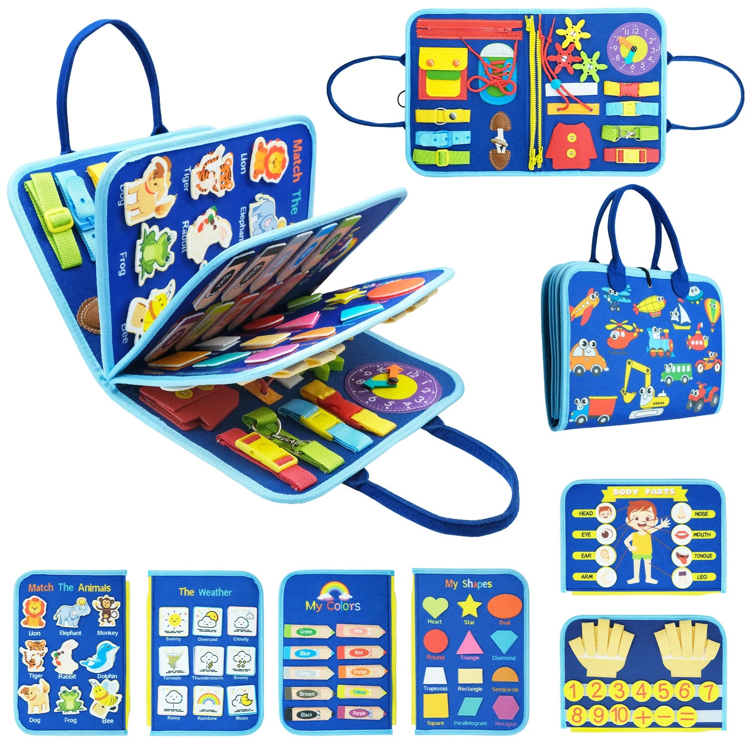 Livre Montessori, apprentissage motricité fine avec lacets, zips et fermeture éclair
