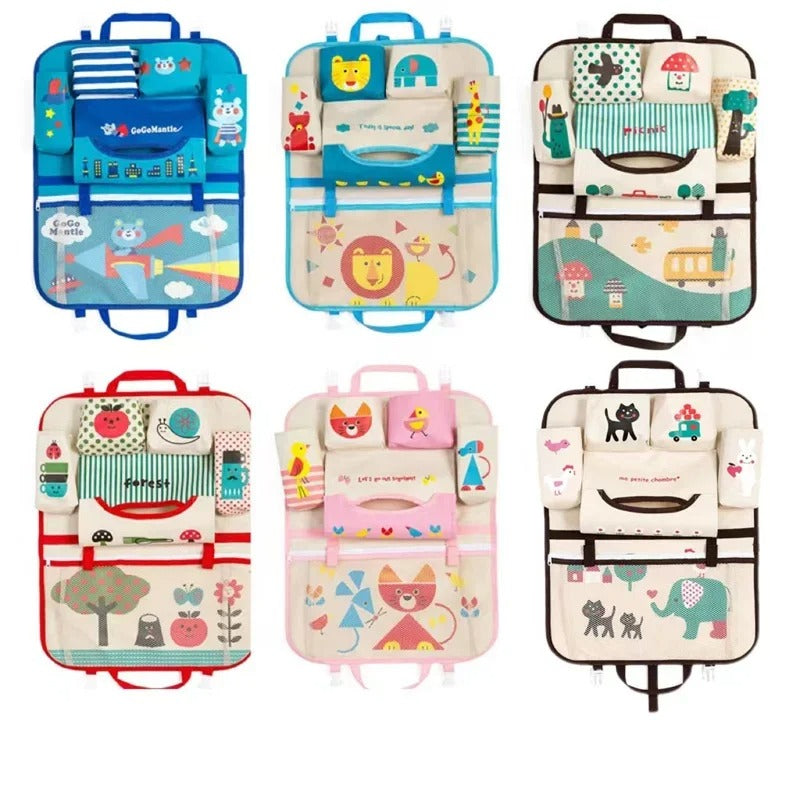 Organiseur de siège de voiture pour enfants rigolo, pratique et facile à installer. Existe en plusieurs modèles