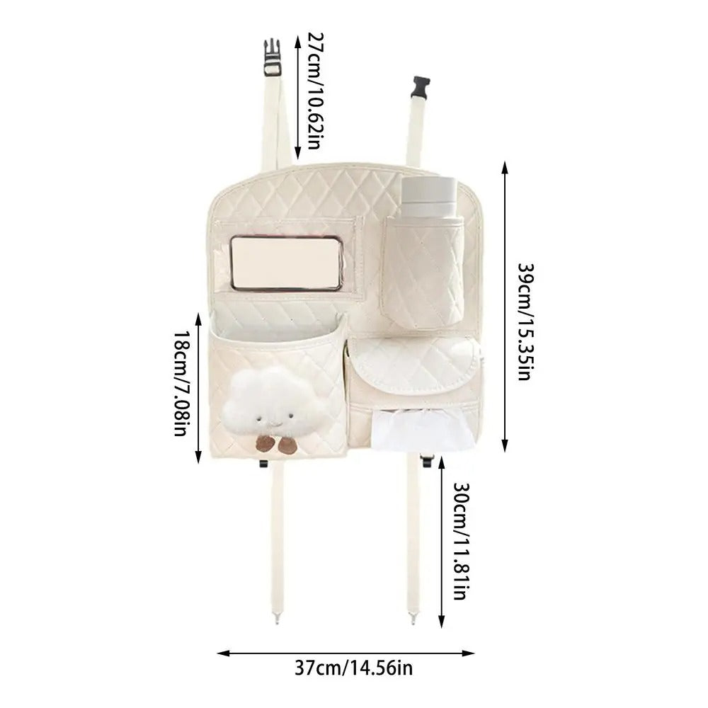 Organiseur de voiture pour enfant  pratique est équipé de multiples rangements, pour le  téléphone, pour mettre des lingettes motif nuage. Belles dimensions