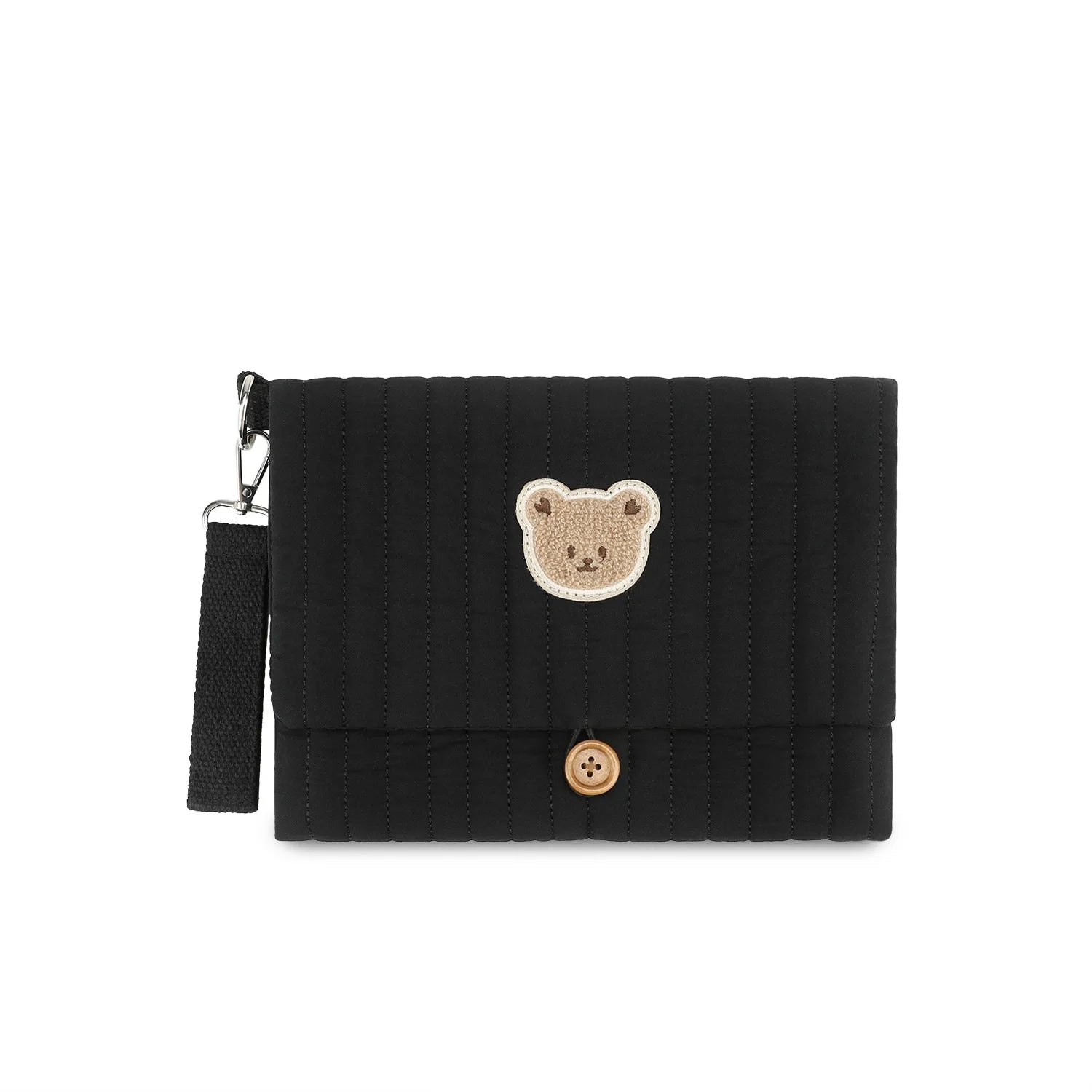 Pochette de voyage pliable pour parents nomades, super pratique pour un gain de place avec multiples compartiments de rangements de couleur noir ours