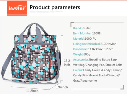 Sac Mama Bag posĂ© sur un banc, prĂȘt Ă  l'emploi avec tout le nĂ©cessaire bĂ©bĂ©