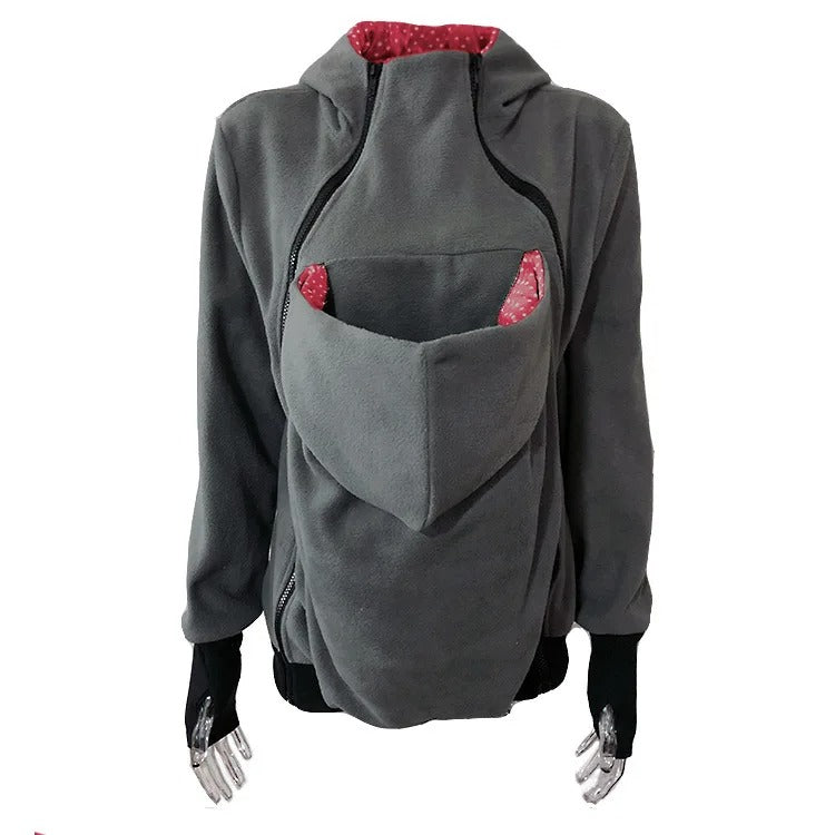 Pull kangourou maman avec ouverture pour bébé couleur gris et rouge