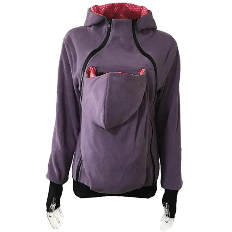 Pull kangourou maman avec ouverture pour bébé couleur violet et rouge