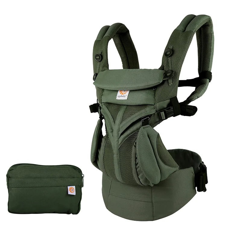 Porte-bébé Breathe Baby Bag plié et rangé dans sa housse de transport couleur vert