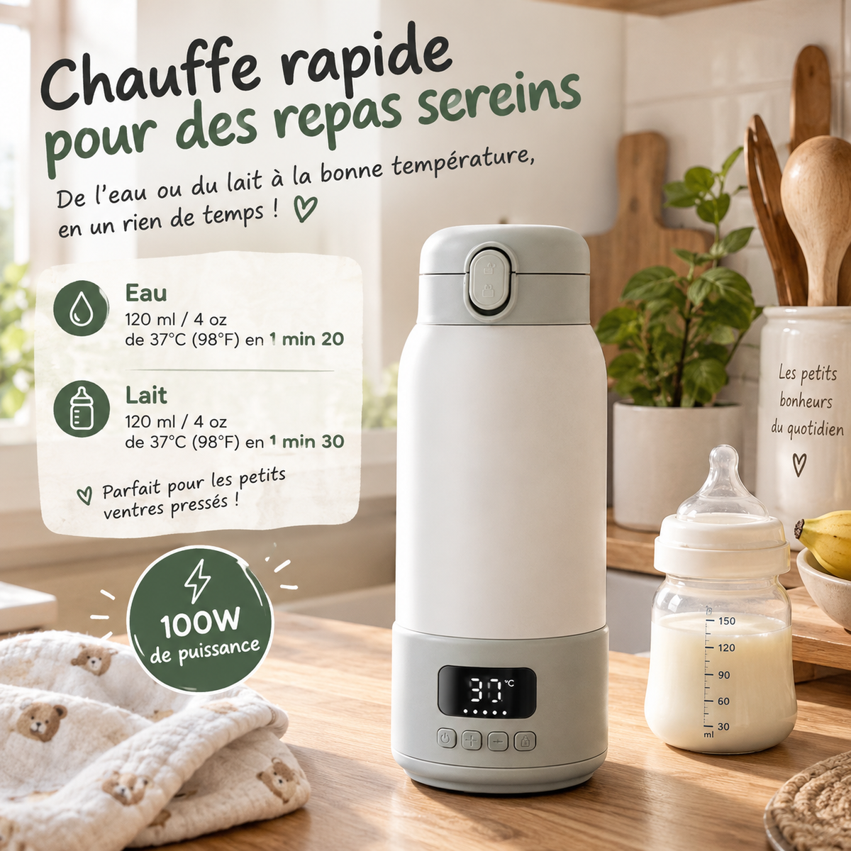 Chauffe-biberon rechargeable USB Type-C avec écran numérique pour contrôler la température du lait