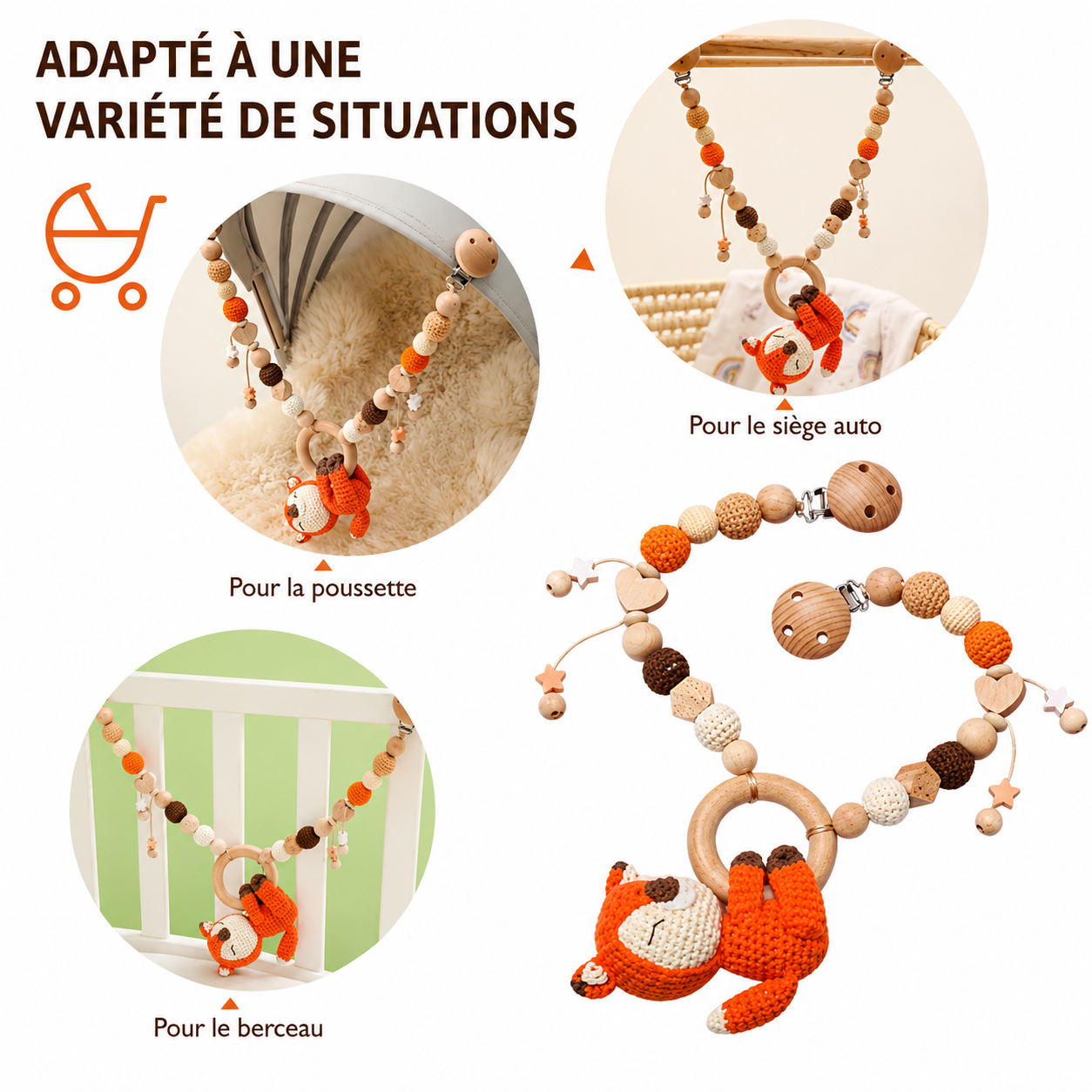 jouet suspendu pour poussette en bois naturel sécurisé pour bébé