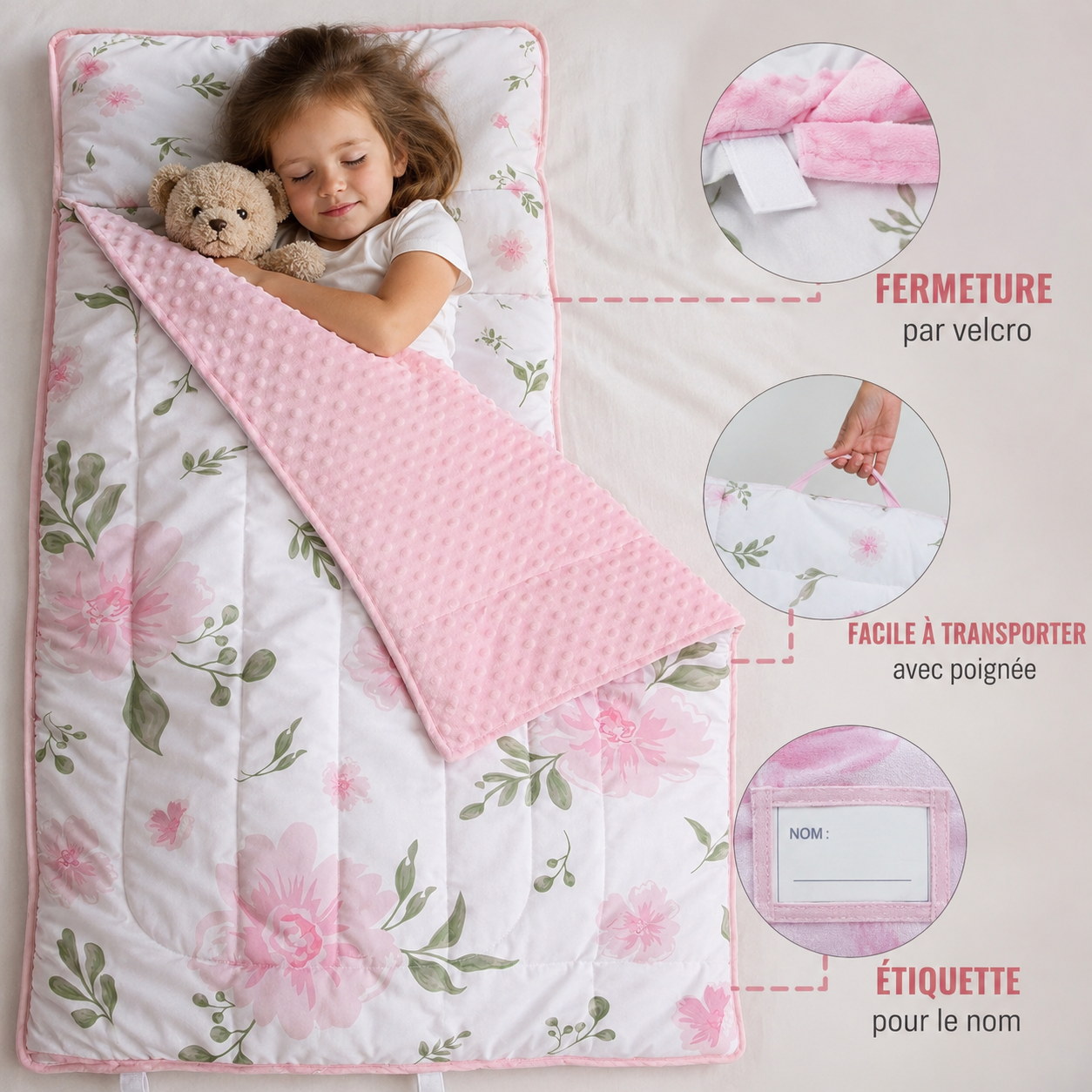 Tapis de sieste enfant avec oreiller intégré déplié pour maternelle et école
